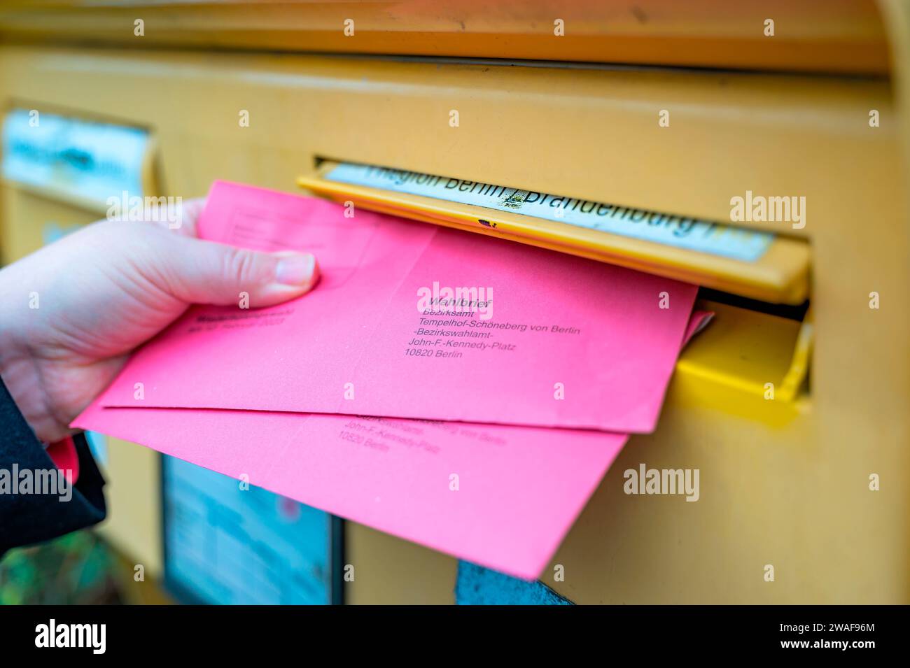 Main d'un homme mettant les documents pour le vote postal de la Chambre des représentants de Berlin dans une boîte aux lettres. Banque D'Images