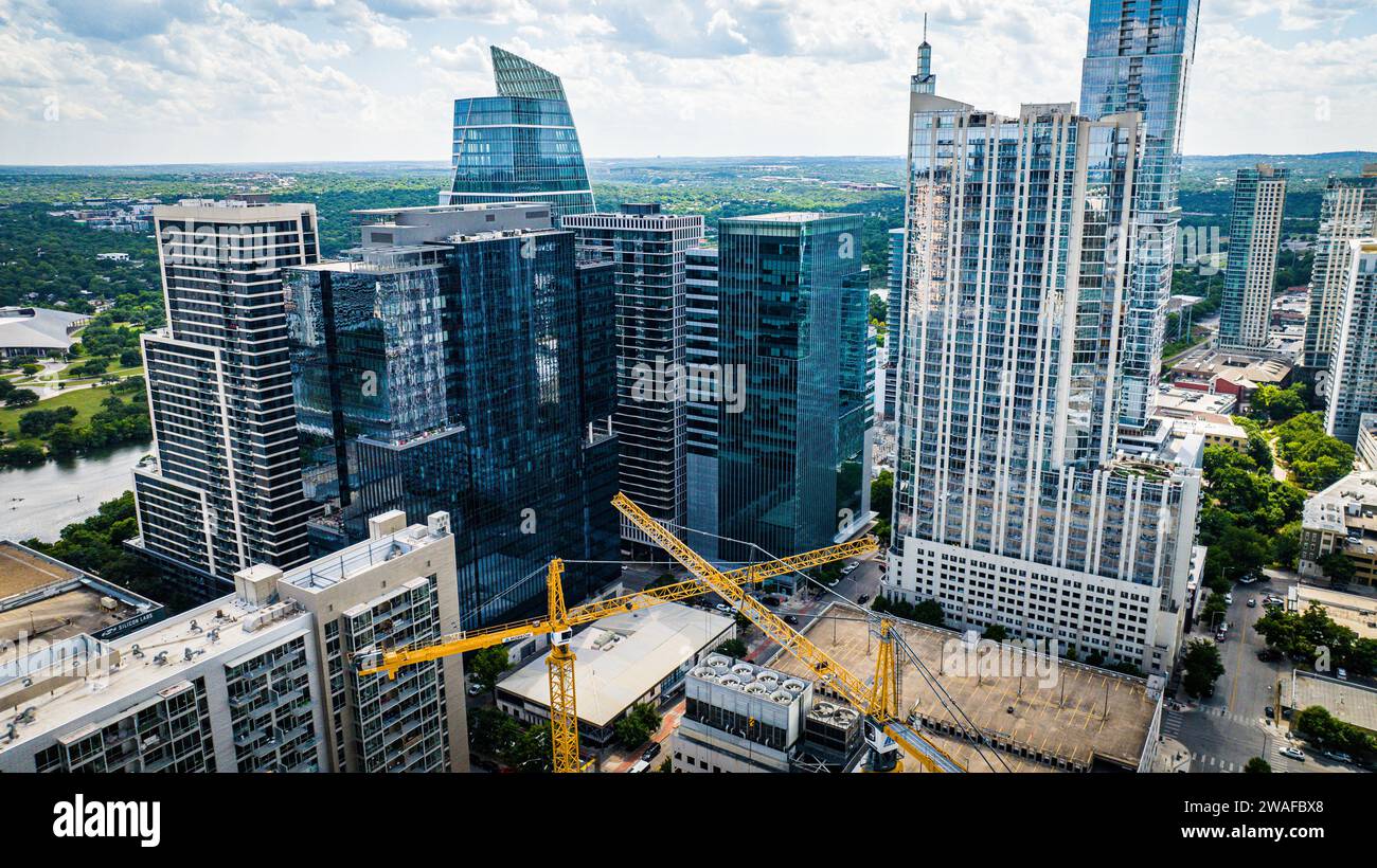 Une vue aérienne d'un chantier de construction dans le centre-ville d'Austin. Texas, États-Unis Banque D'Images