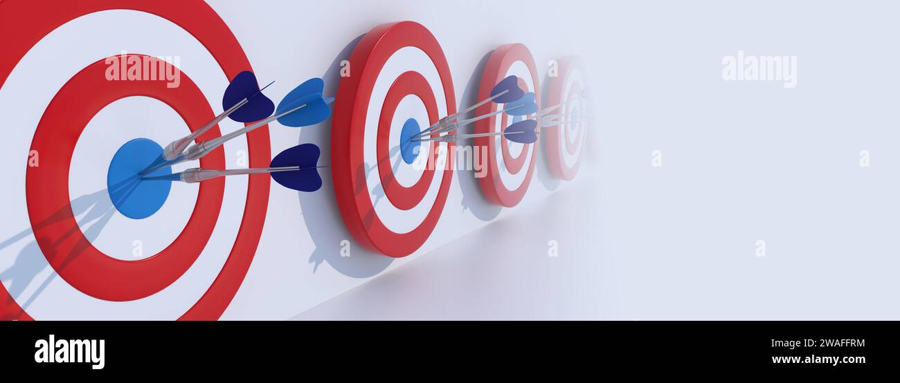 Flèche a frappé le centre de la cible sur fond blanc. Concept de réalisation des objectifs commerciaux. Rendu 3D. Banque D'Images