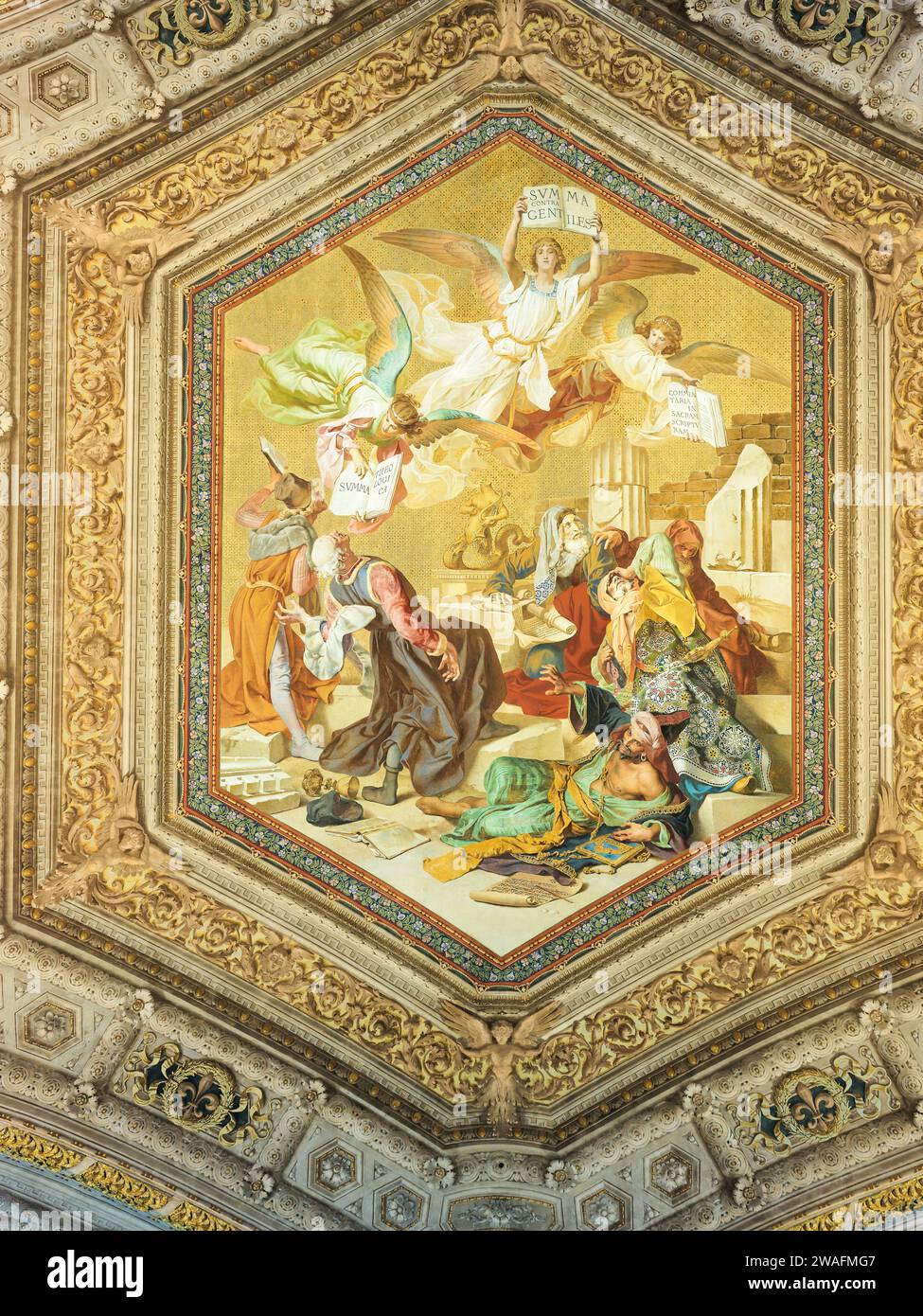 Peinture au plafond, célébrant Thomas d'Aquin (sa Summa contra gentils et Summa Theologica), musée du Vatican, Cité du Vatican, Rome, Italie. Banque D'Images