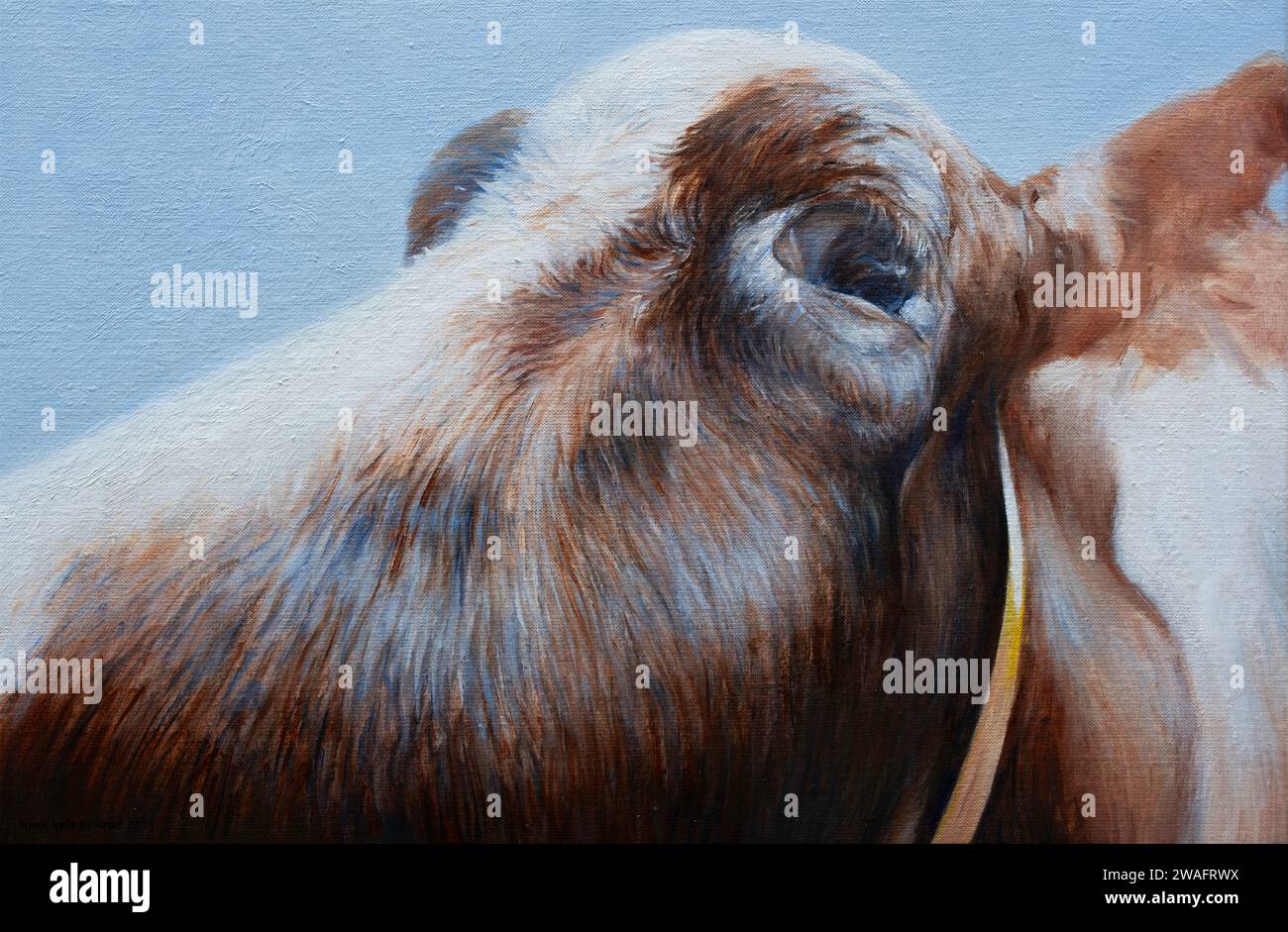 Gros plan d'une tête de vache avec un tour de cou jaune éclairé par la lumière du soleil sur un ciel bleu. Peinture à l'huile sur toile Banque D'Images