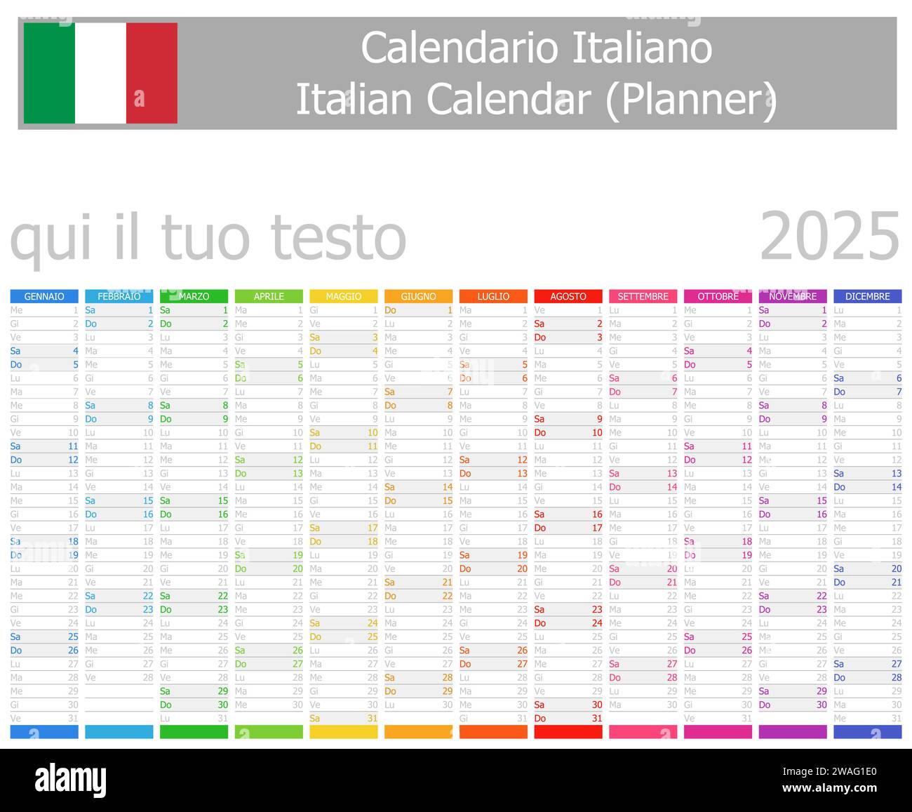 Calendrier de planificateur italien 2025 avec des mois verticaux sur fond blanc Illustration de Vecteur