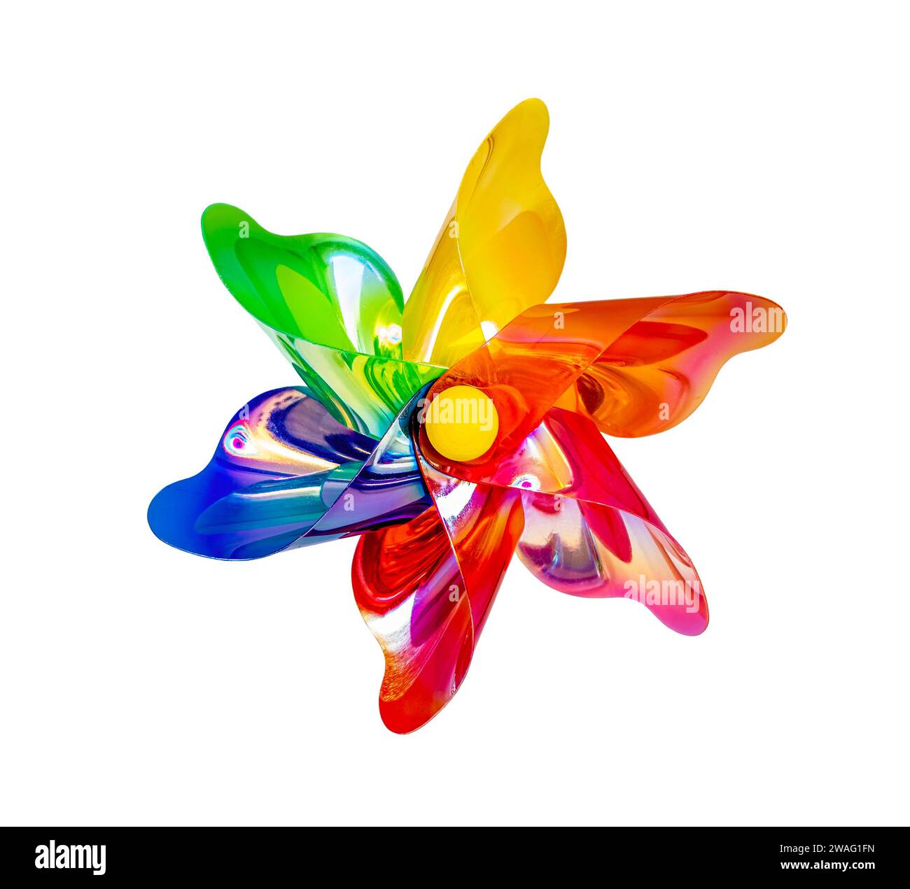 Une vue de face d'un moulin à vent jouet régulier avec six palettes de couleurs psychédéliques différentes sur fond blanc Banque D'Images