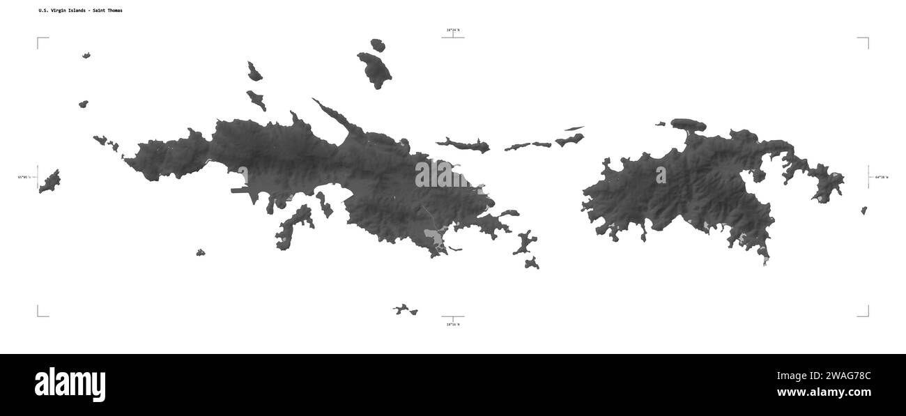Forme d'une carte d'altitude en niveaux de gris avec les lacs et les rivières des îles Vierges américaines - Saint Thomas, avec l'échelle de distance et les coordonnées de la frontière de la carte, est Banque D'Images