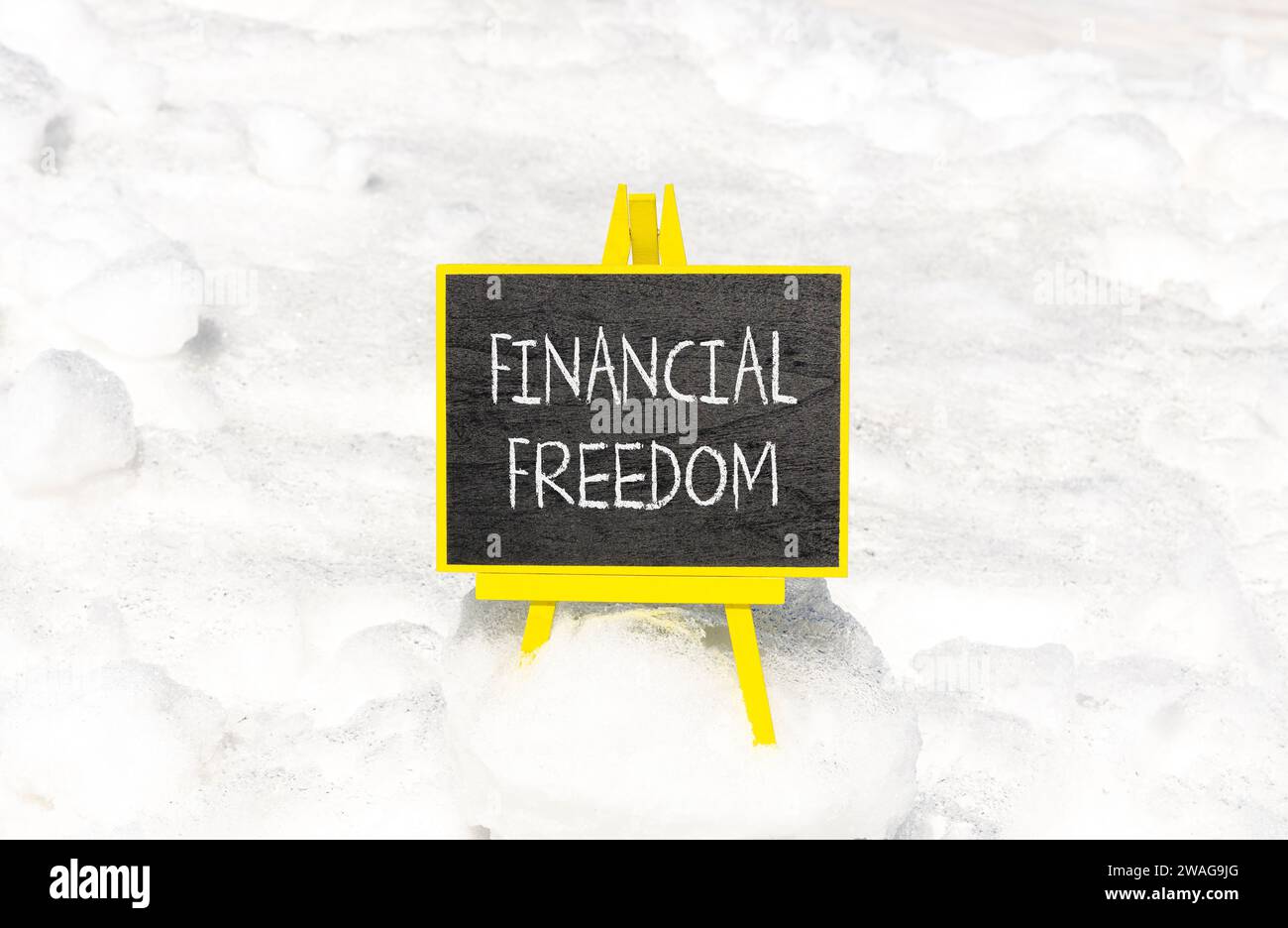 Symbole de liberté financière. Mots concept liberté financière sur beau tableau noir de craie noire. Tableau noir. Beau fond de neige. Montant professionnel Banque D'Images