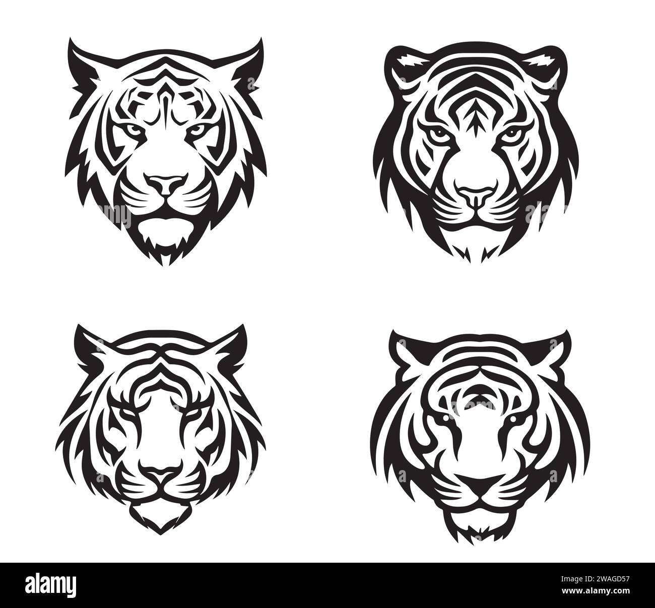 Ensemble de têtes de tigre avec différentes expressions en colère du museau. Symboles pour tatouage, emblème ou logo, isolé sur fond blanc. Illustration de Vecteur