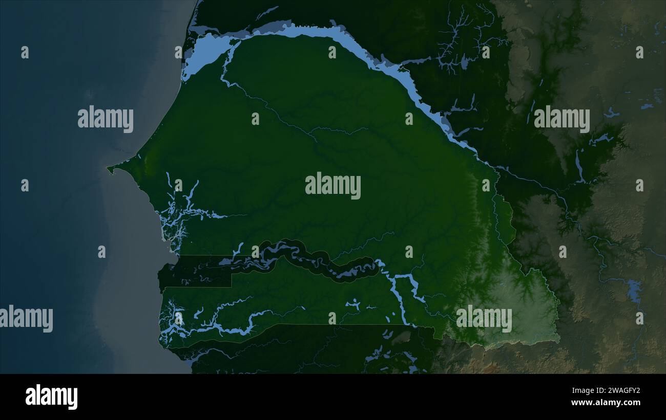 Sénégal mis en évidence sur une carte d'altitude en couleur avec des lacs et des rivières Banque D'Images