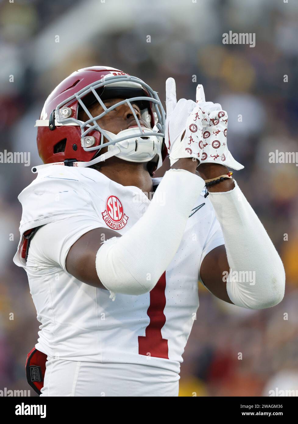 Pasadena, Californie, États-Unis. 01 janvier 2024. Alabama Crimson Tide Defensive back Kool-Aid McKinstry (1) en action lors du match de demi-finale du Rose Bowl de la CFP entre les Wolverines du Michigan et les Crimson Tide de l'Alabama au Rose Bowl de Pasadena, en Californie. Crédit photo obligatoire : Charles Baus/CSM/Alamy Live News Banque D'Images