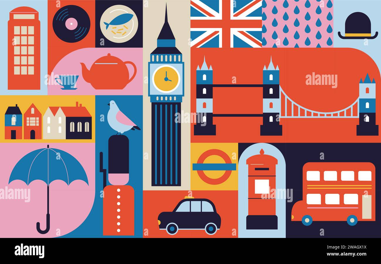 Londres, Royaume-Uni, Angleterre conception géométrique de bannière. Illustration modulaire colorée avec des bâtiments londoniens, parapluie, bus rouge, taxi, téléphone et plus encore. Vecteur Illustration de Vecteur