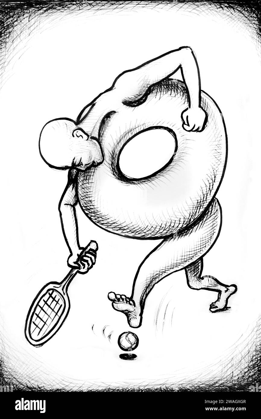 Illustration de dessin à l'encre d'un joueur de tennis surréaliste Banque D'Images