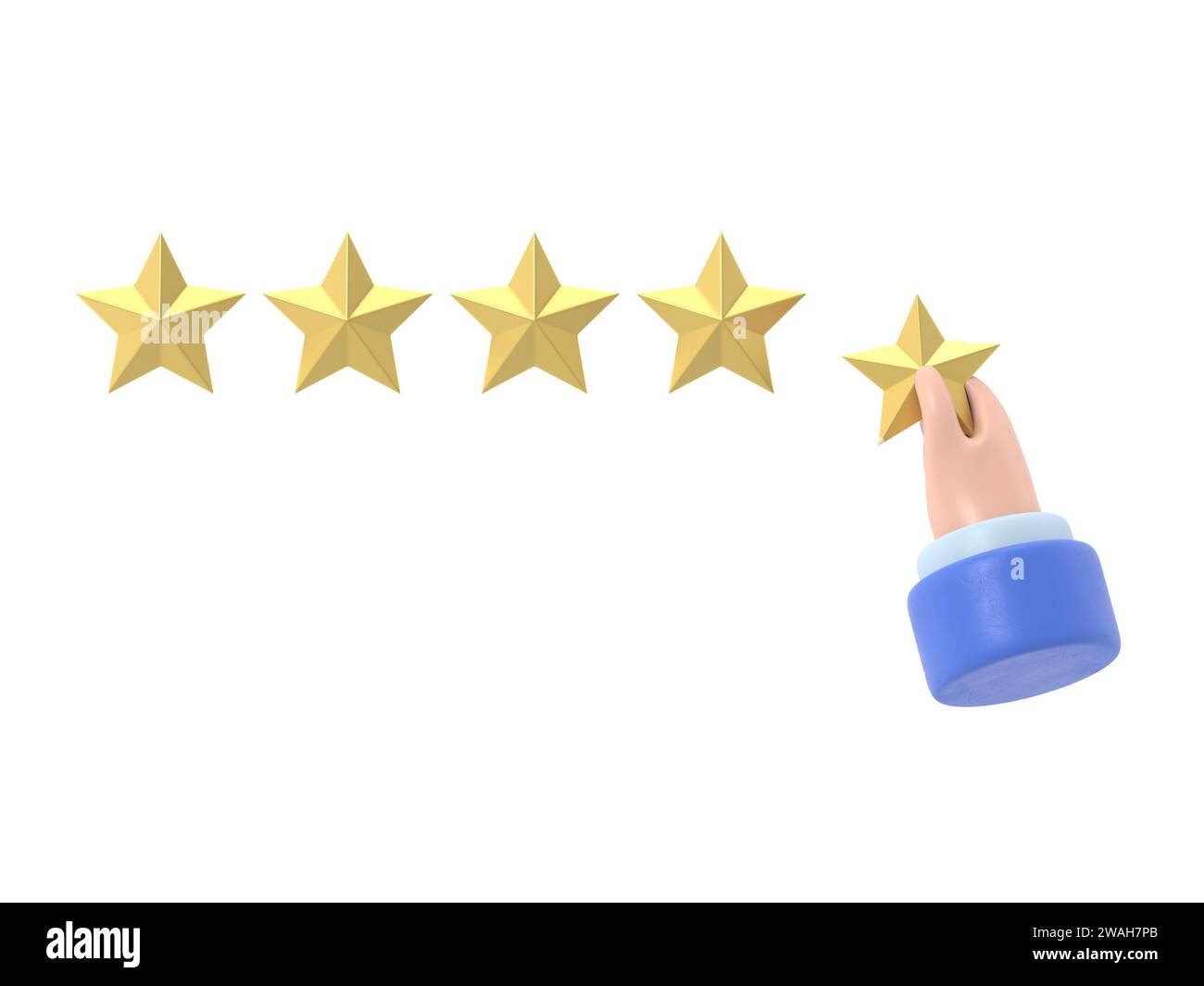 Nombre d'étoiles. Tenant une étoile d'or, pour donner cinq. Concept de feedback. Système d'évaluation. Avis positif. illustration 3d conception plate. Travail de qualité.3D ren Banque D'Images