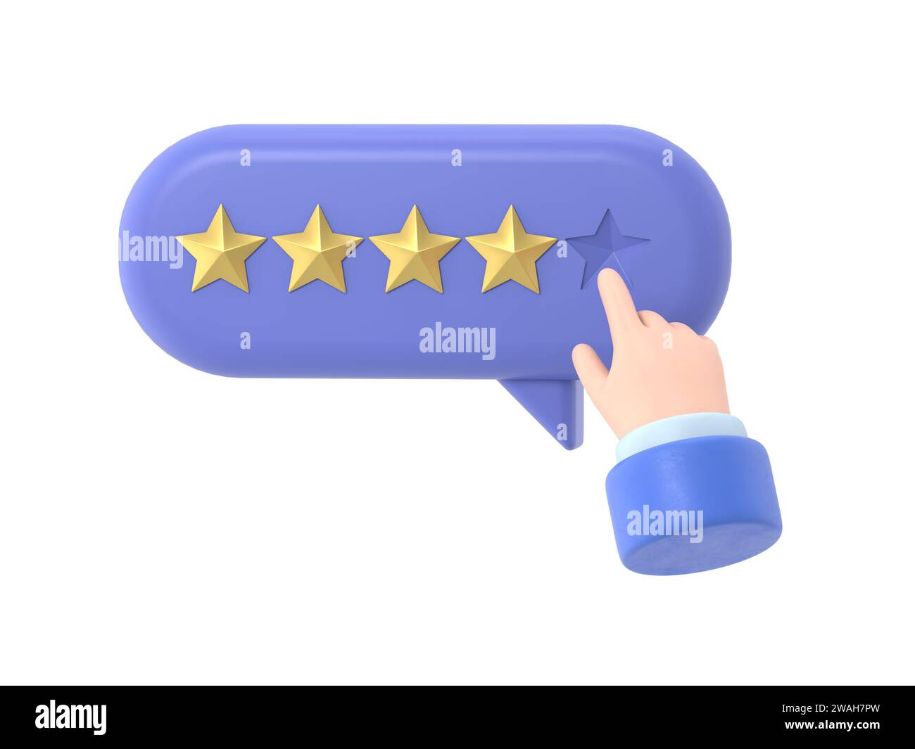 Main de l'utilisateur pointant sur le formulaire de sondage et choisissant l'étoile jaune. Avis client positif cinq étoiles. Feedback en ligne, rendu 3D sur fond blanc. Banque D'Images