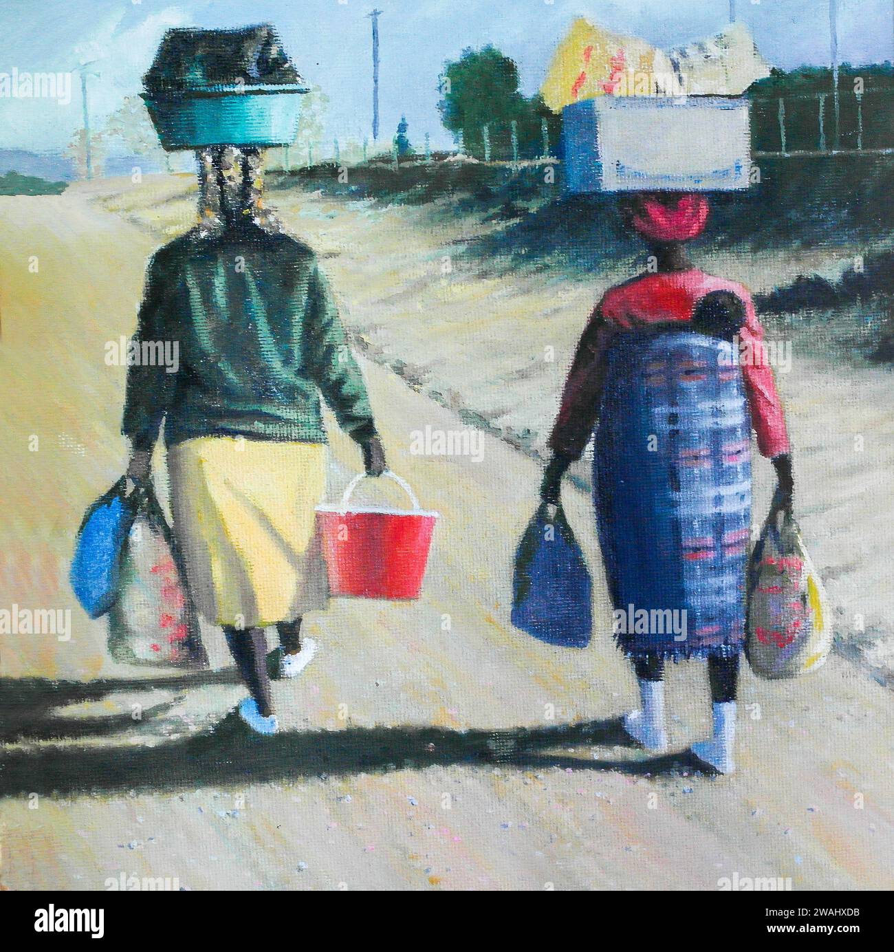 Peinture à l'huile originale de femmes sud-africaines noires traditionnelles marchant le long chemin de la maison après avoir fait du shopping en ville - mère avec bébé sur le dos Banque D'Images