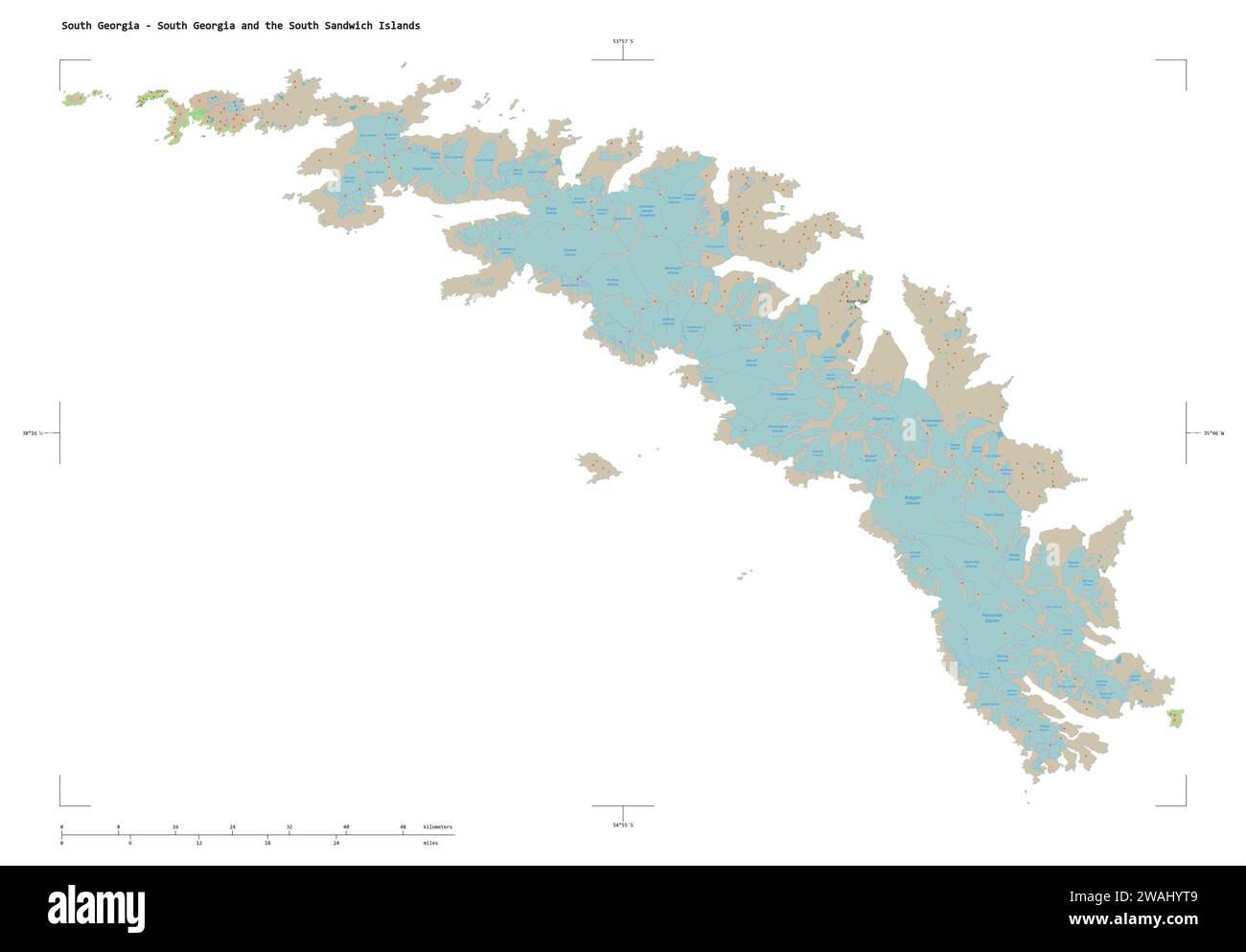 Forme d'une carte topographique de style OSM Allemagne de la Géorgie du Sud - Géorgie du Sud et des îles Sandwich du Sud, avec échelle de distance et frontière cartographique Banque D'Images