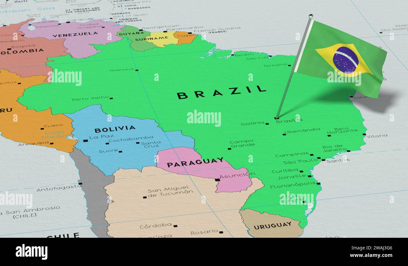 Brésil, Brasilia - drapeau national épinglé sur la carte politique - illustration 3D. Banque D'Images