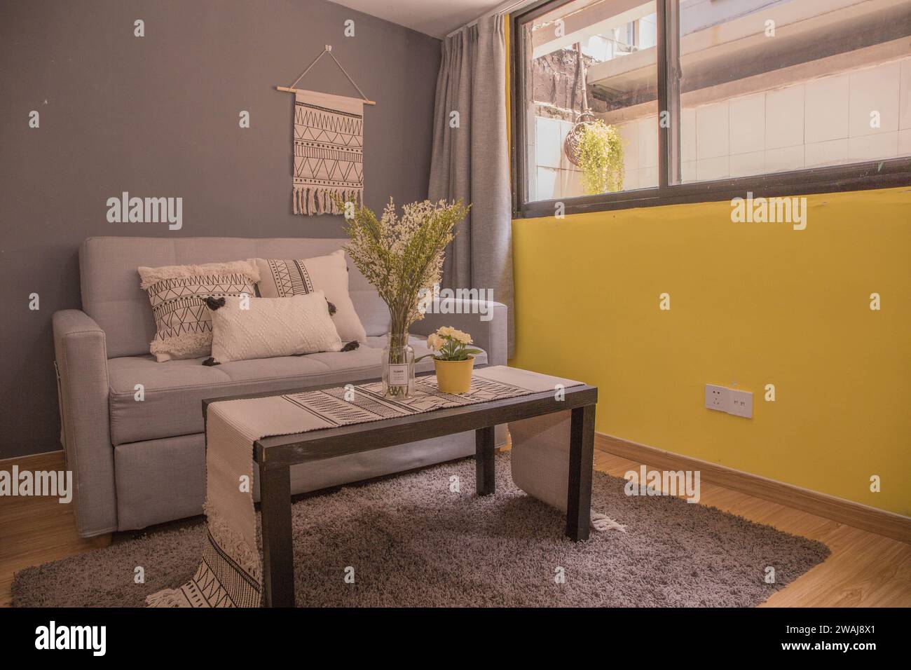 Un design intérieur d'une pièce moderne avec un canapé à côté de la chambre Banque D'Images