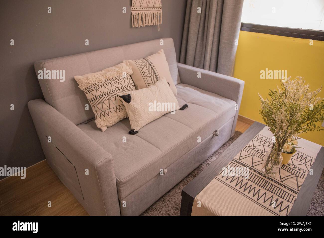 Un design intérieur d'une pièce moderne avec un canapé à côté de la chambre Banque D'Images