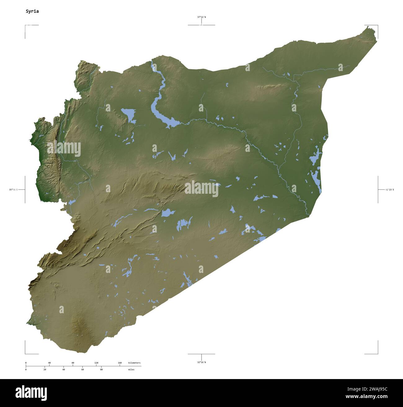 Forme d'une carte d'altitude couleur pâle avec les lacs et les rivières de la Syrie, avec l'échelle de distance et les coordonnées de la frontière de la carte, isolé sur blanc Banque D'Images