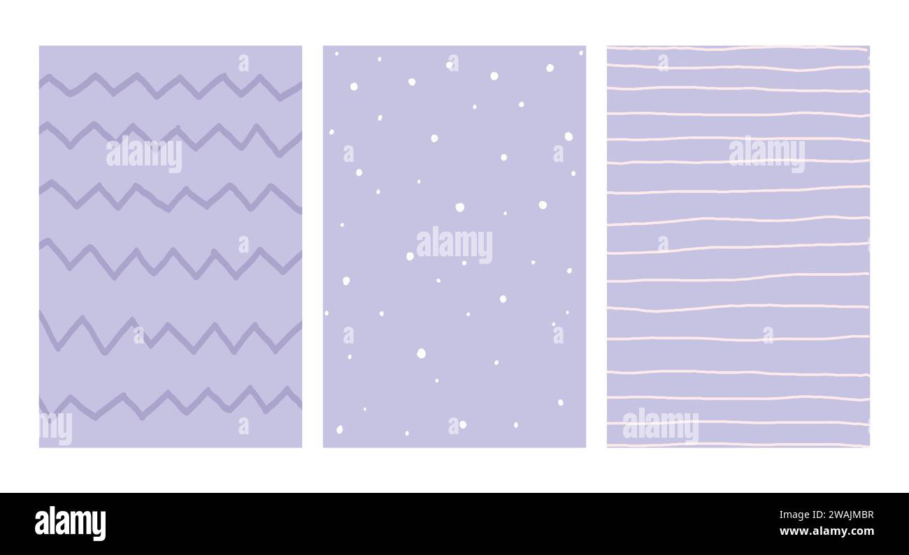 Motifs irréguliers dessinés à la main géométriques simples. Dessin simple pointillé rayé violet Doodle avec des textures. Ensemble d'affiches. Papier graphique couleur pastel drôle. Illustration de Vecteur