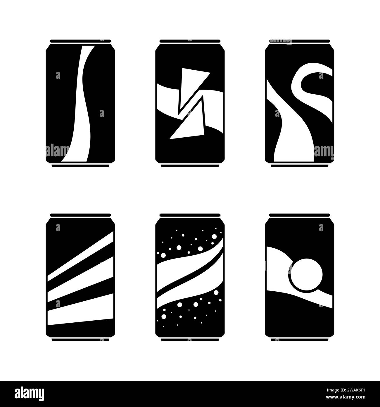 Soda dans des canettes en aluminium placer des icônes isolées sur fond blanc. Affiche boissons gazeuses. Eau gazéifiée non alcoolisée avec différentes saveurs. Boissons en noir Illustration de Vecteur