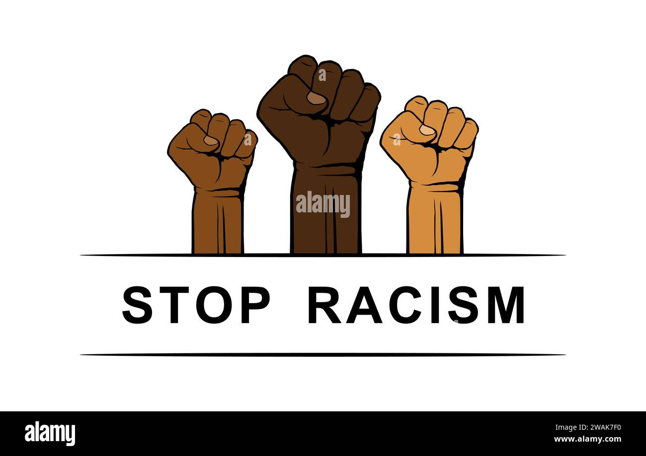 Arrêtez le racisme, les mains de personnes de différentes nationalités se serrent dans les poings, contre le racisme et la discrimination. Black Lives Matter, campagne de rallye agai Illustration de Vecteur