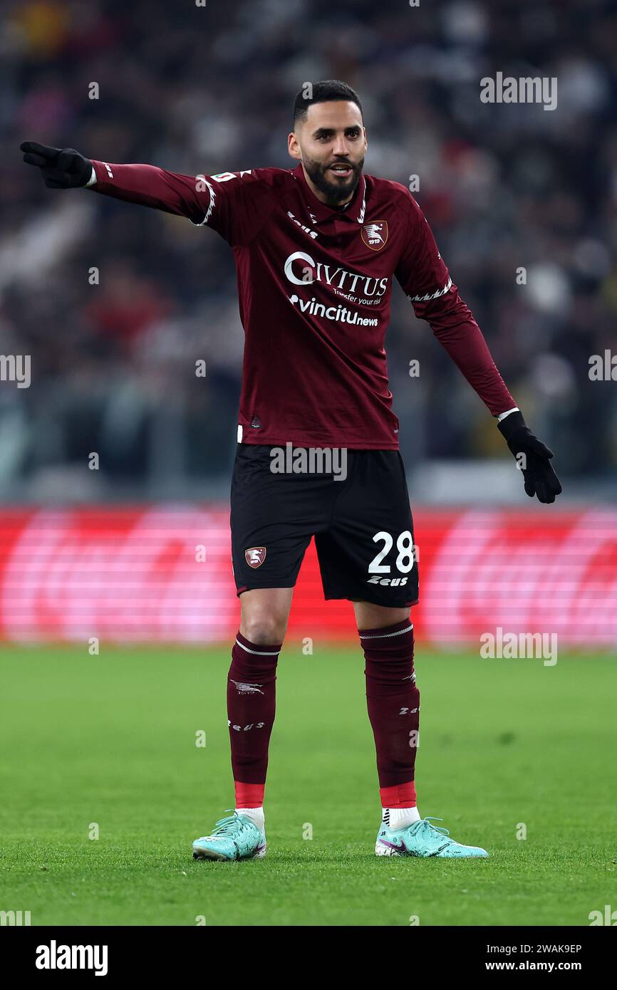 Torino, Italie. 04 janvier 2024. Dylan Bronn de nous Salernitana gestes lors du match Coppa Italia entre Juventus FC et nous Salernitana au stade Allianz le 4 janvier 2024 à Turin, Italie . Crédit : Marco Canoniero/Alamy Live News Banque D'Images