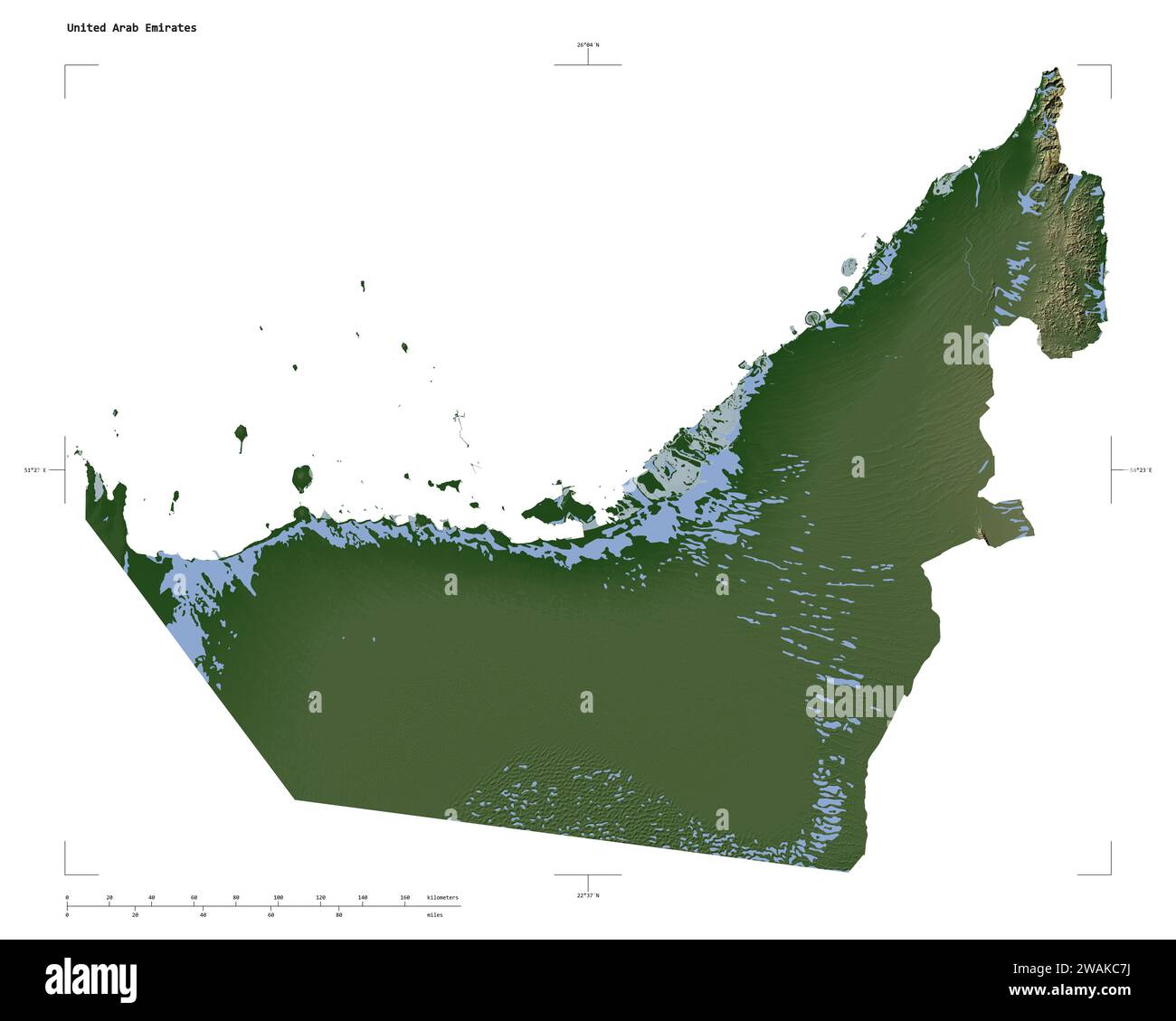 Forme d'une carte d'altitude en couleur pâle avec les lacs et les rivières des Émirats arabes Unis, avec l'échelle de distance et les coordonnées de la frontière de la carte, isolé sur W Banque D'Images