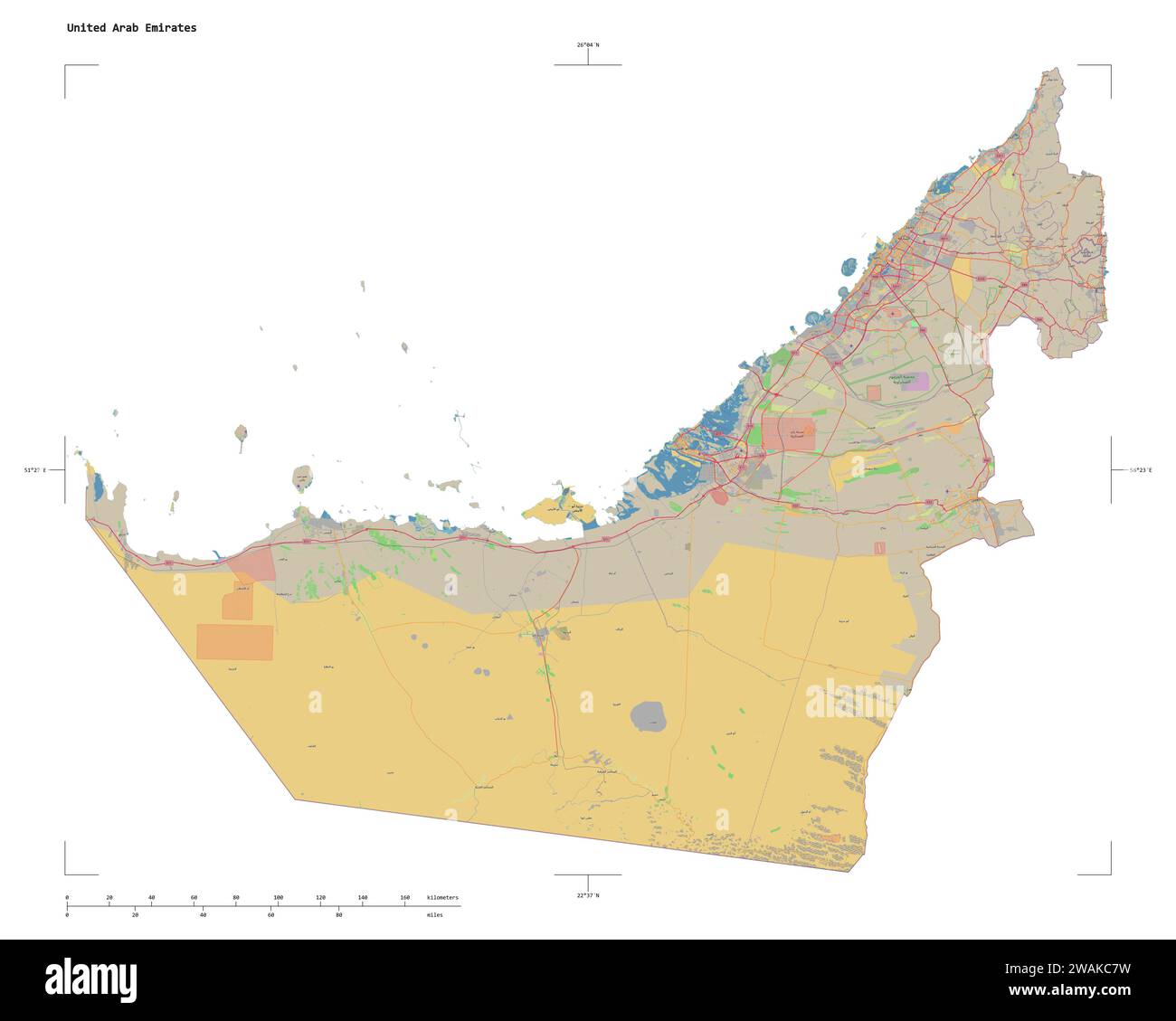 Forme d'une carte topographique, de style OSM standard des Émirats arabes Unis, avec échelle de distance et coordonnées de la frontière de la carte, isolée sur blanc Banque D'Images