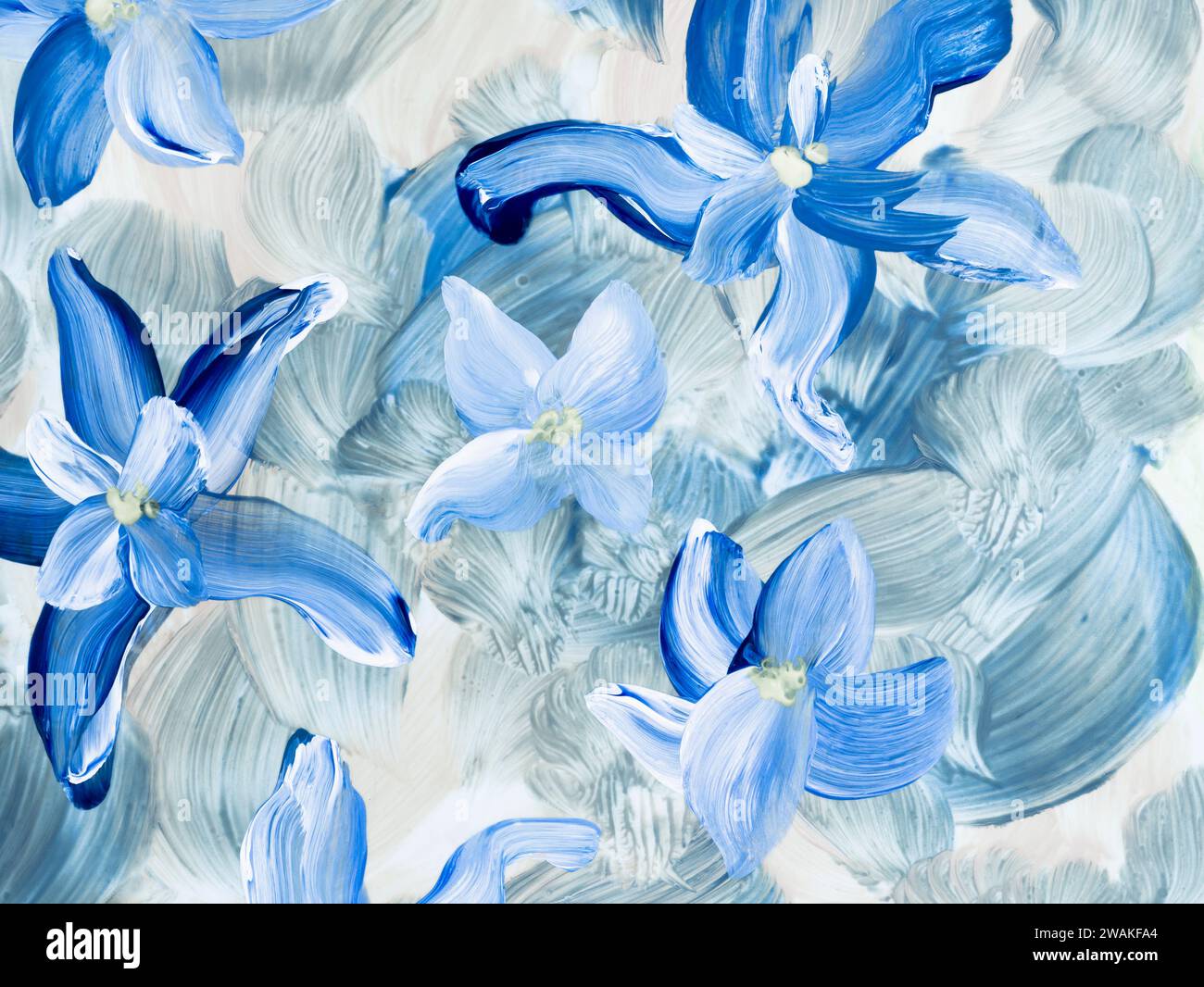 Fleurs bleues abstraites, original dessiné à la main, style impressionniste, texture de couleur, coups de pinceau de peinture, fond d'art. Art moderne Art contemporain Banque D'Images