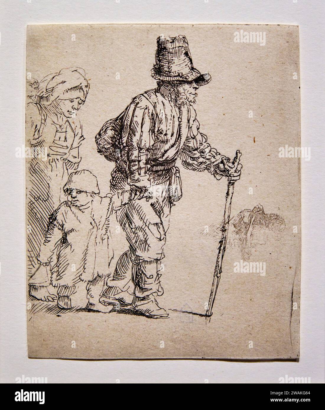 Exposition de gravure de Rembrandt, le paysan avec femme et enfant, 1652 Banque D'Images