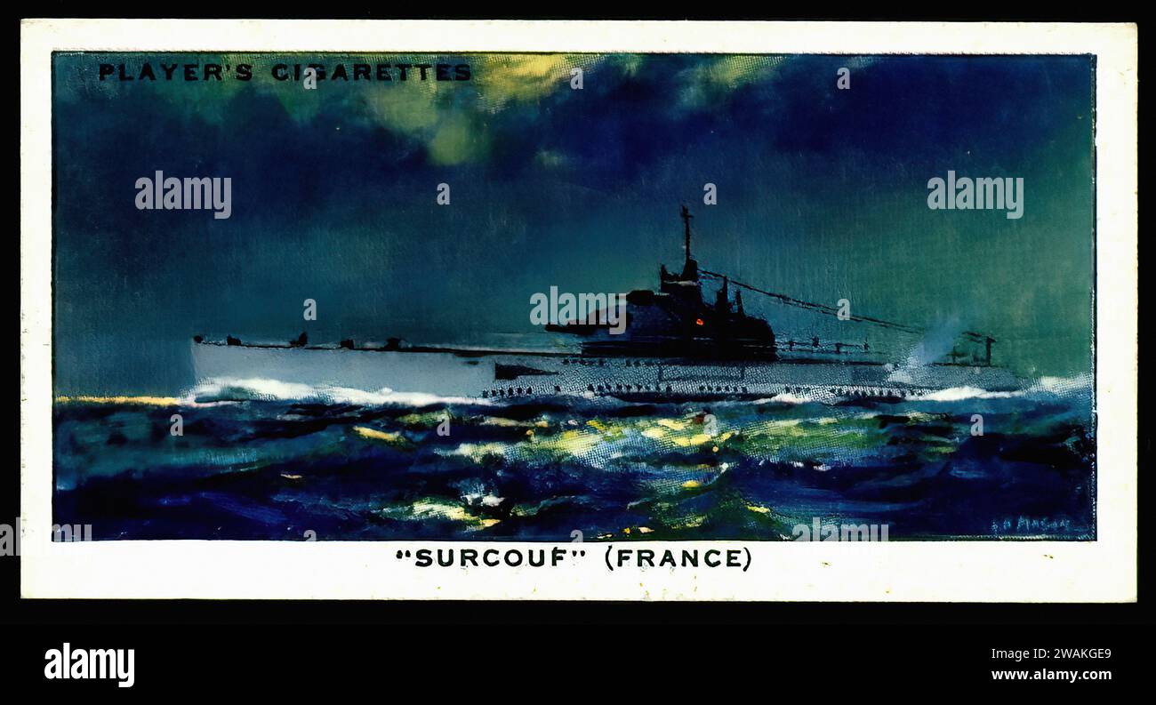Sous-marin français Surcouf - Illustration de carte de cigarette vintage Banque D'Images