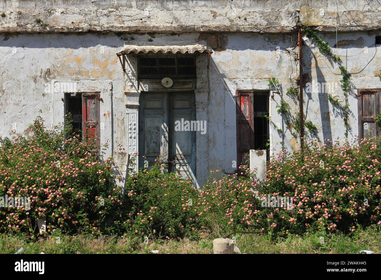 Une façade de maison avec des fenêtres et une porte patinées dans la ville côtière de Jbeil, au Liban. Banque D'Images