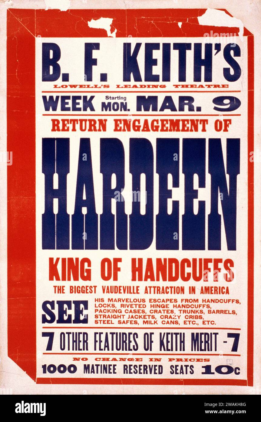 Affiche - Retour fiançailles de Hardeen, roi des menottes la plus grande attraction vaudeville en Amérique - Hardeen (1876-1945) spectacle de Vaudeville Banque D'Images
