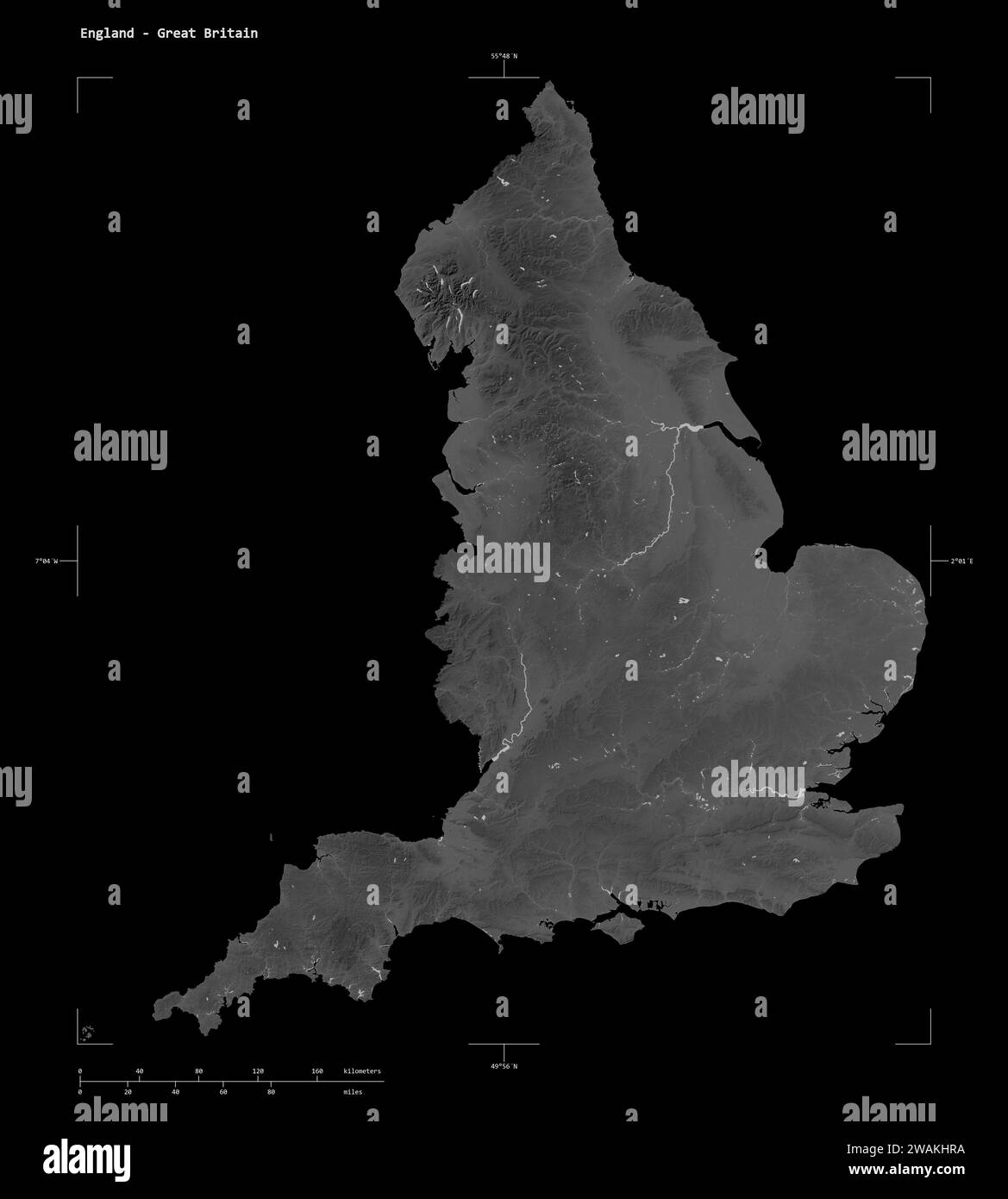 Forme d'une carte d'altitude en niveaux de gris avec les lacs et les rivières de l'Angleterre - Grande-Bretagne, avec l'échelle de distance et les coordonnées de la frontière de la carte, isolé sur b Banque D'Images