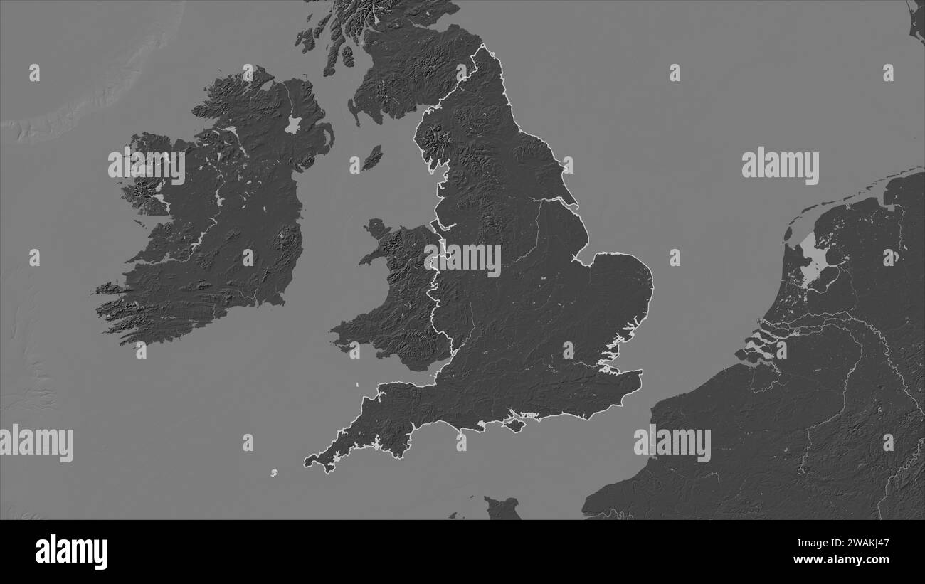 Angleterre - Grande-Bretagne décrit sur une carte d'altitude à deux niveaux avec lacs et rivières Banque D'Images