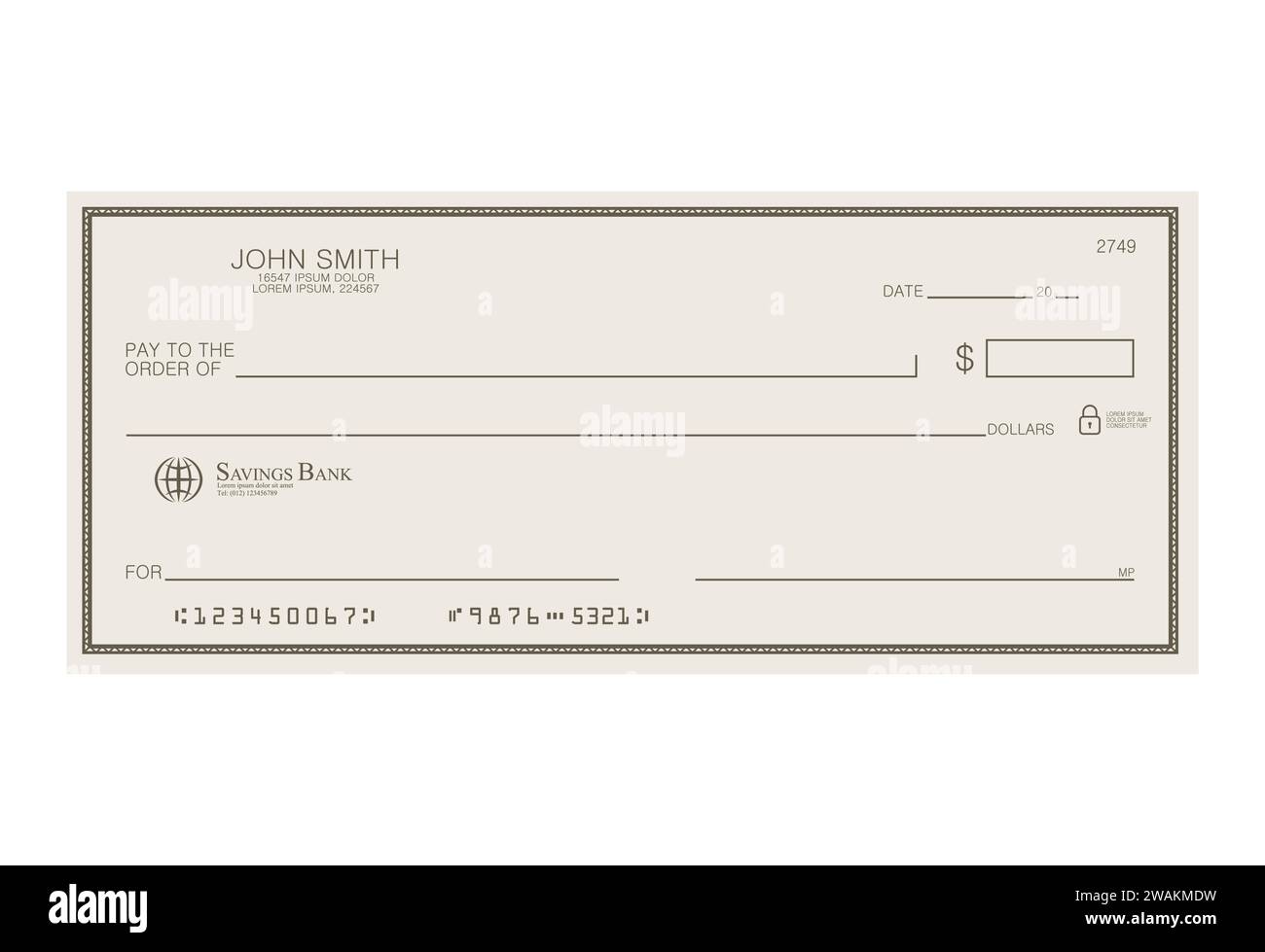 Chèque bancaire en blanc. Modèle de vérification de bureau personnel avec champ vide à remplir. Billet de banque, conception d'argent, monnaie, billet de banque, bon, certificat-cadeau, argent Illustration de Vecteur