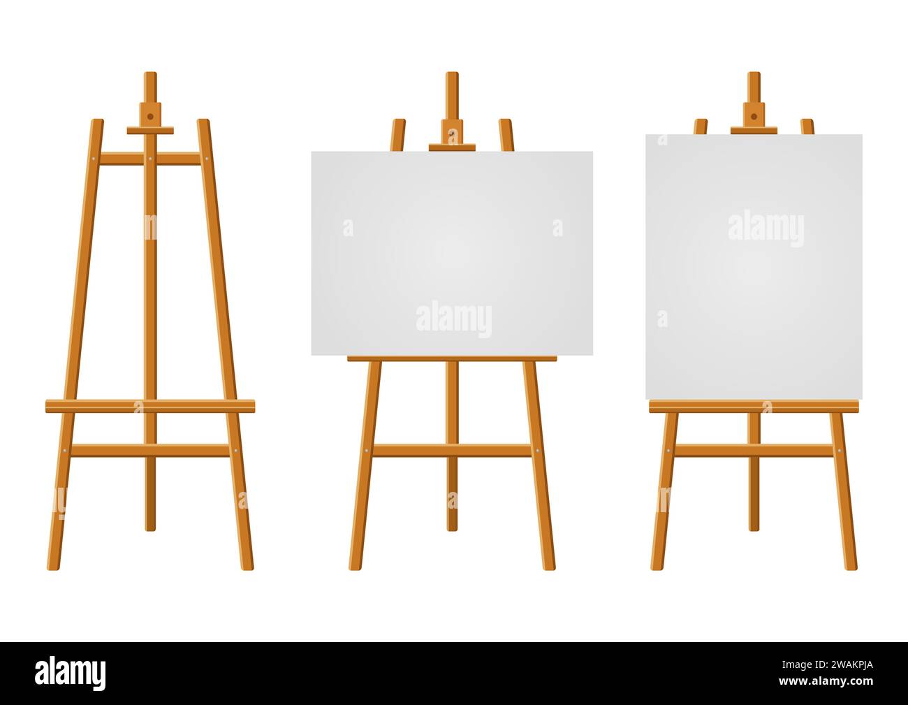 Chevalets en bois ou tableaux d'art de peinture avec toile blanche de différentes tailles. Chevalets avec des feuilles de papier horizontales et verticales. Maquette d'affiche vierge de l'illustration Illustration de Vecteur