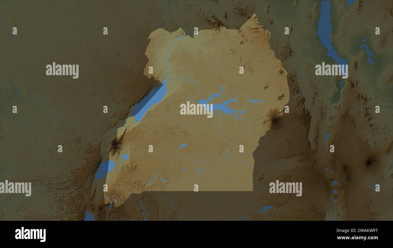 Ouganda mis en évidence sur une carte altimétrique en couleur avec des lacs et des rivières Banque D'Images