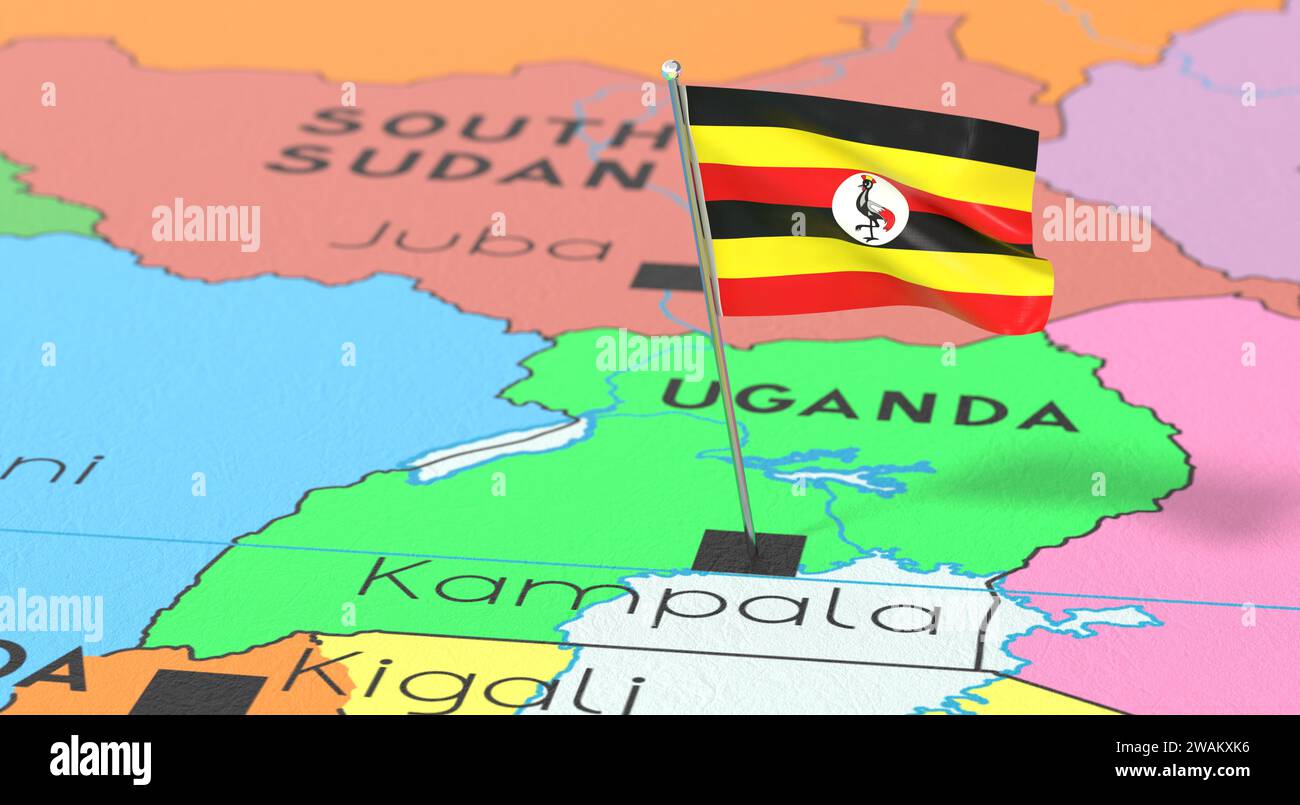 Ouganda, Kampala - drapeau national épinglé sur une carte politique - illustration 3D. Banque D'Images