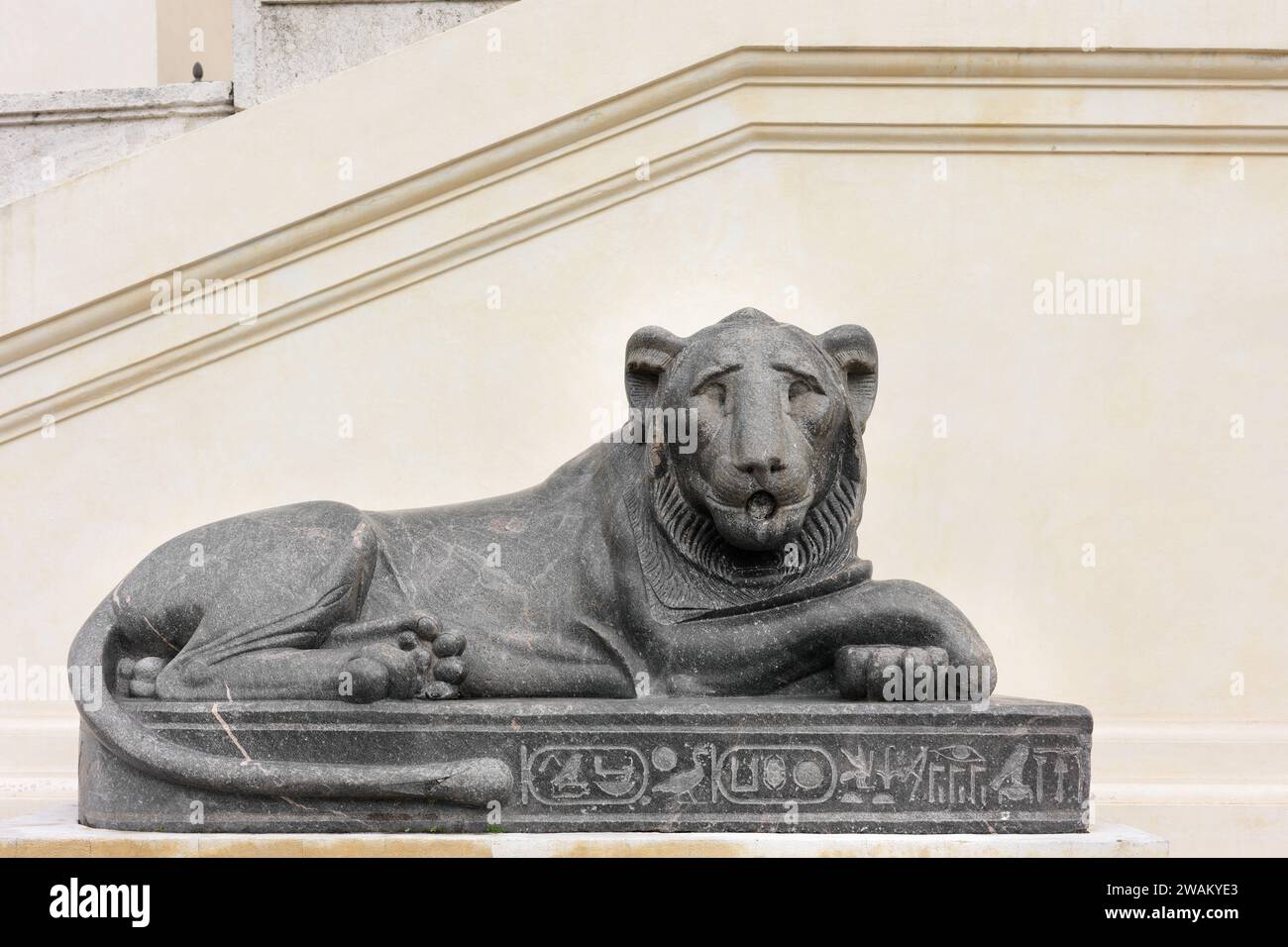Statue égyptienne en pierre d'un lion, datant du IVe siècle av. J.-C., dans la cour de Pinecone (Cortile della pigna), réalisée par le pape Pie VII, Vatican. Banque D'Images