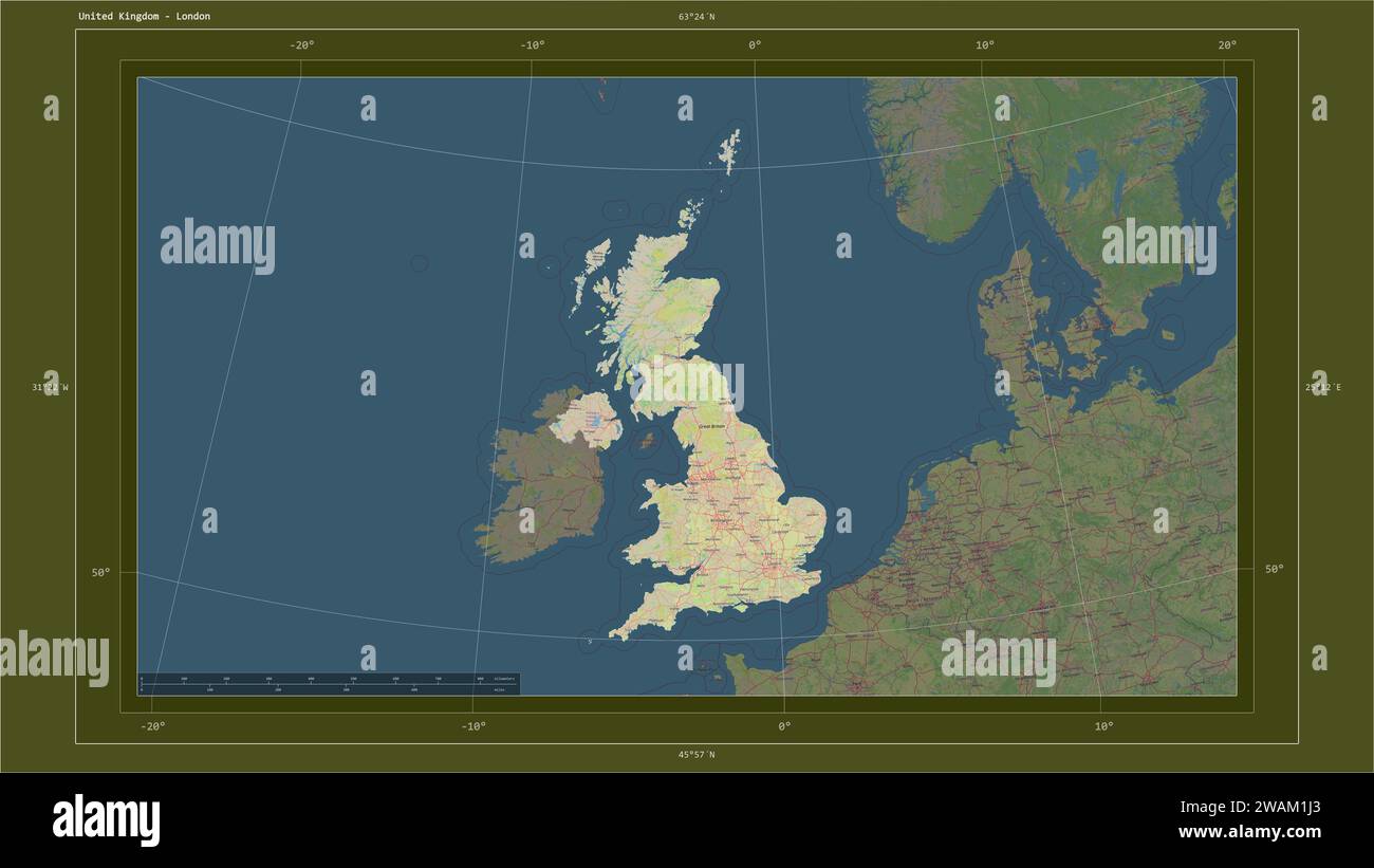 Royaume-Uni mis en évidence sur une carte topographique de style OSM standard avec le point de la capitale du pays, la grille cartographique, l'échelle de distance et la carte bo Banque D'Images