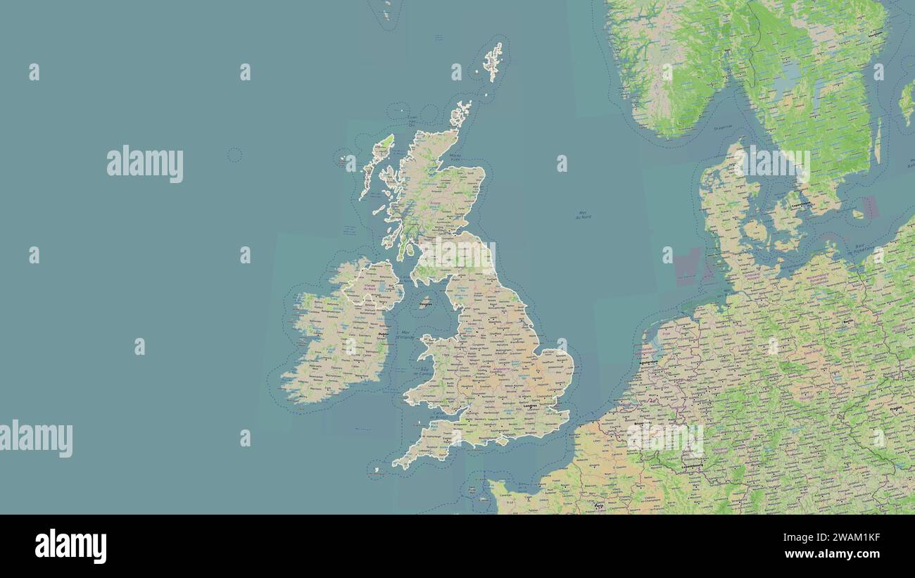 Royaume-Uni esquissé sur une carte topographique de style OSM France Banque D'Images