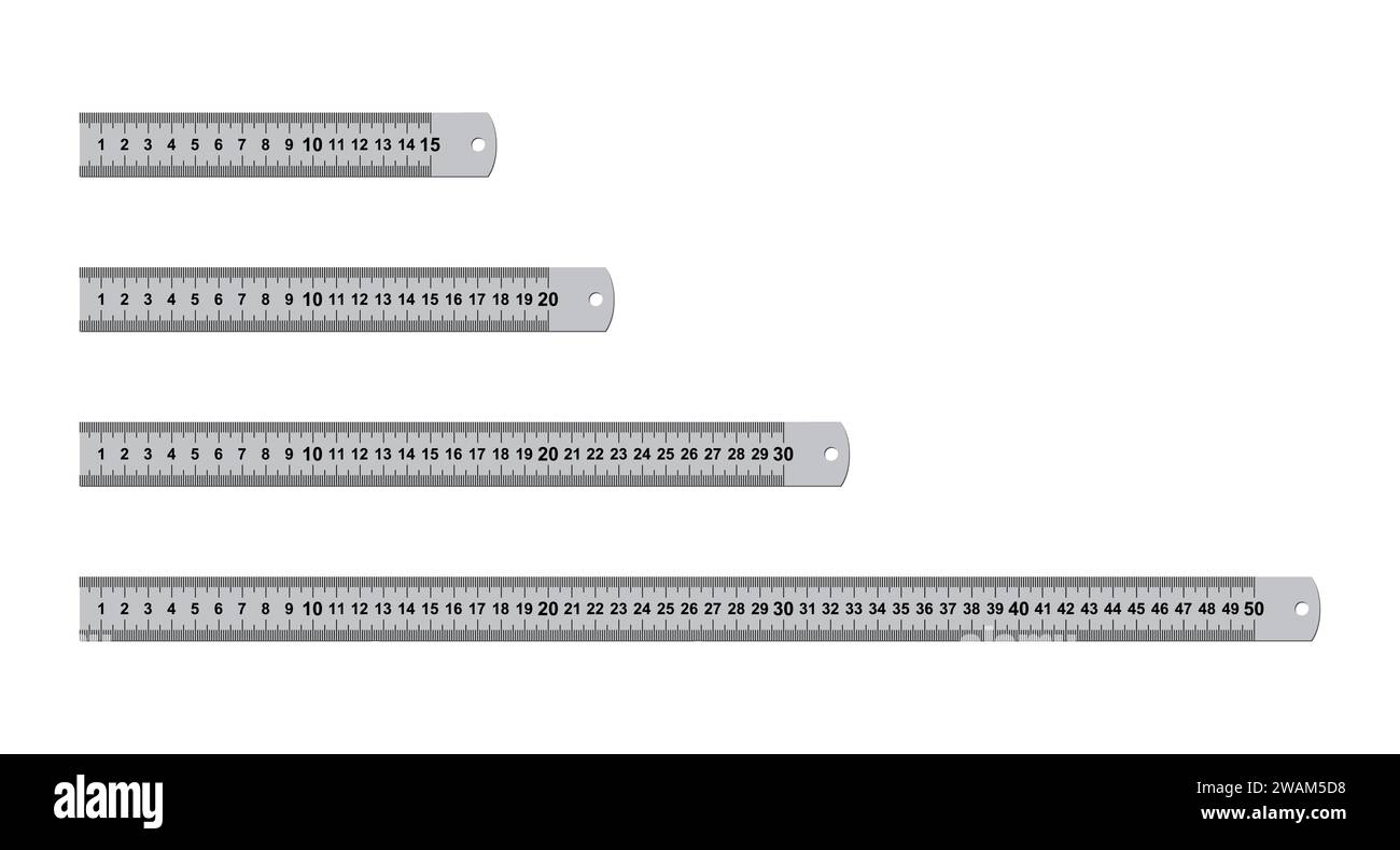 Jeu d'outils de mesure de règles métalliques isolé sur fond blanc. règles de 15, 20, 30, 50 centimètres. Instrument de mesure cm, école métallique pouce rul Illustration de Vecteur