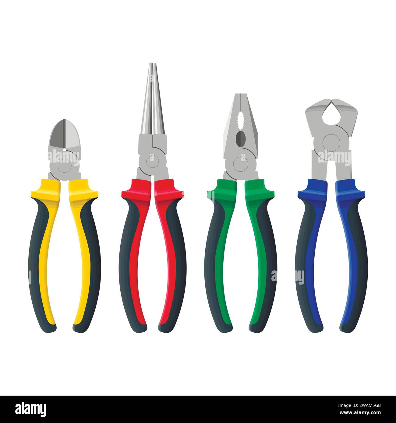 Jeu de différents types de pinces et pinces coupantes latérales isolées sur fond blanc. Outils à main de constructeur, de construction et de réparation avec poignées en plastique. Réel Illustration de Vecteur