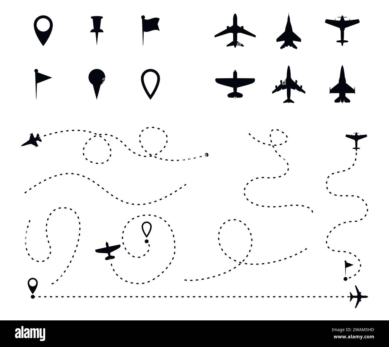 Ensemble d'itinéraires d'avion, tracé de ligne pointillée et itinéraires d'avion isolés sur blanc. Chemin de ligne de plan, avions et symboles de broches. Trajectoire directionnelle de l'avion, m Illustration de Vecteur