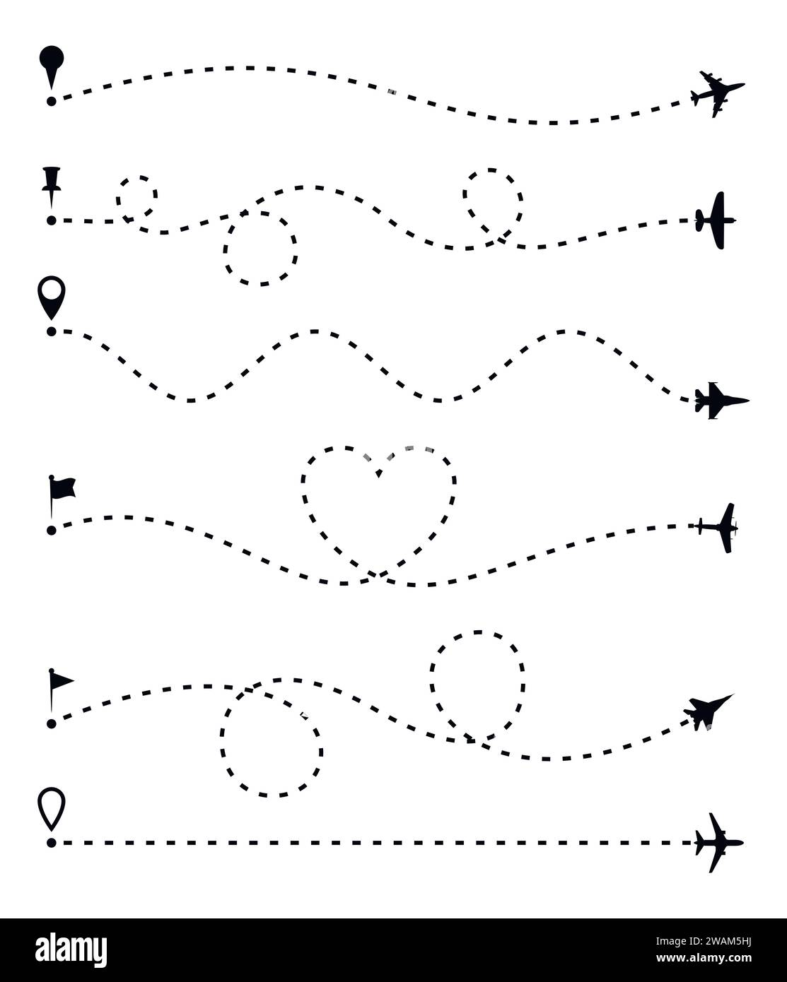 Ensemble d'itinéraires d'avion, tracé de ligne pointillée et itinéraires d'avion isolés sur blanc. Chemin de ligne de plan, avions et symboles de broches. Trajectoire directionnelle de l'avion, m Illustration de Vecteur