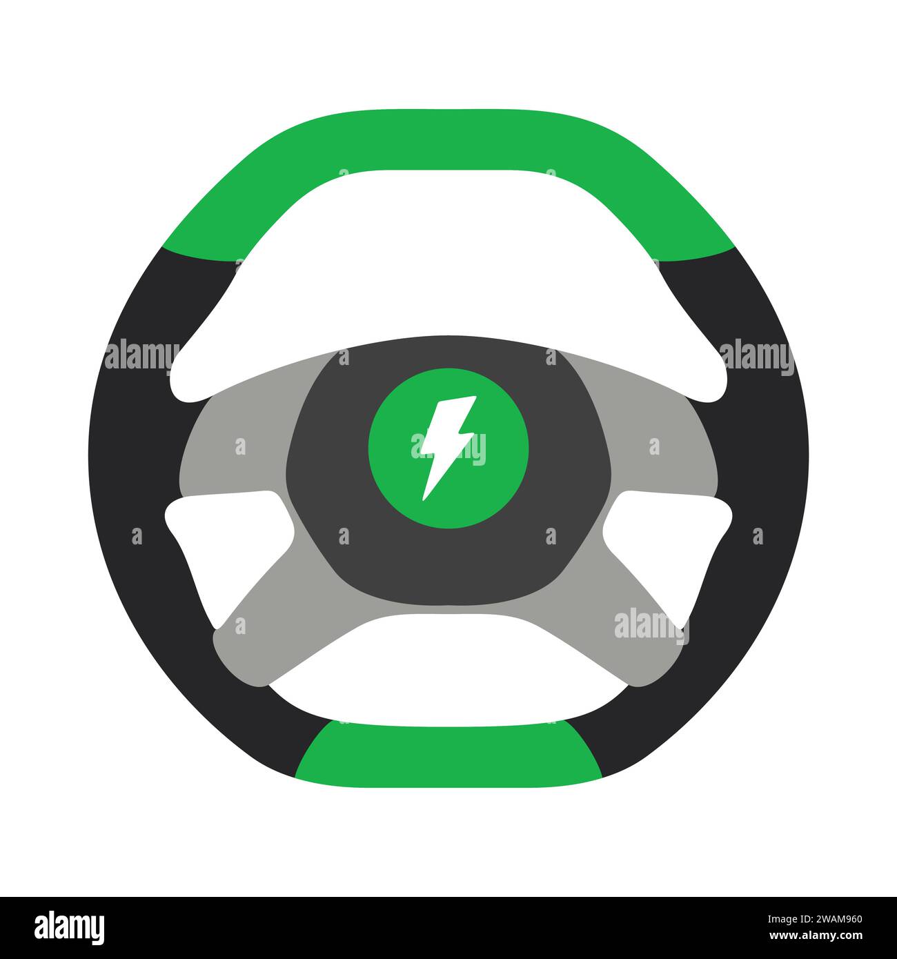 Icône de voiture électrique au volant isolé sur fond blanc. Silhouette de contrôle de roue de voiture, pièce auto verte conduisant dans un style plat. Illustration vectorielle Illustration de Vecteur