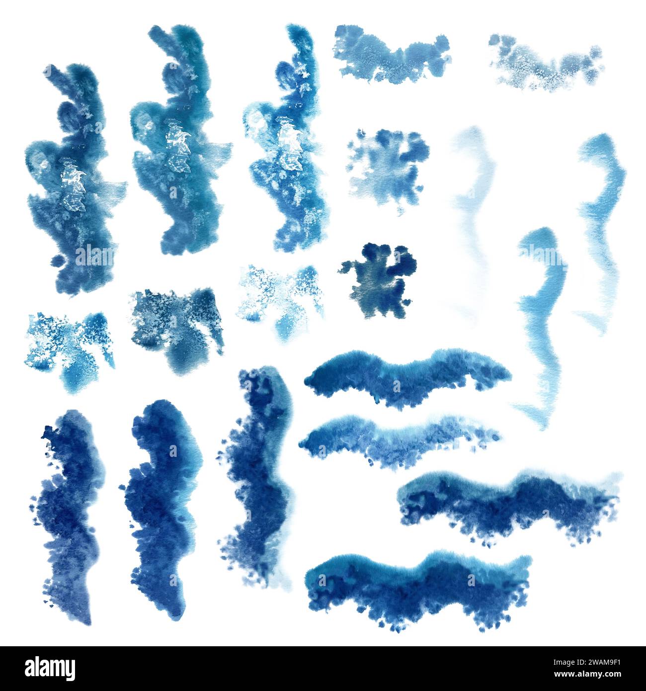 Taches bleues aquarelle, éclaboussures pour l'image de la mer, vagues, ciel, nuages, brouillard, fond, paysages marins abstraits avec texture. Les illustrations sont isol Banque D'Images