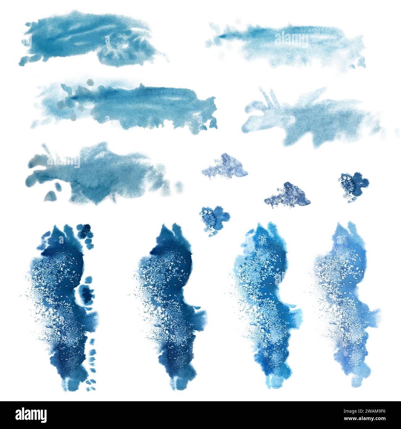 Taches bleues aquarelle, éclaboussures pour l'image de la mer, vagues, ciel, nuages, brouillard, fond, paysages marins abstraits avec texture. Les illustrations sont isol Banque D'Images