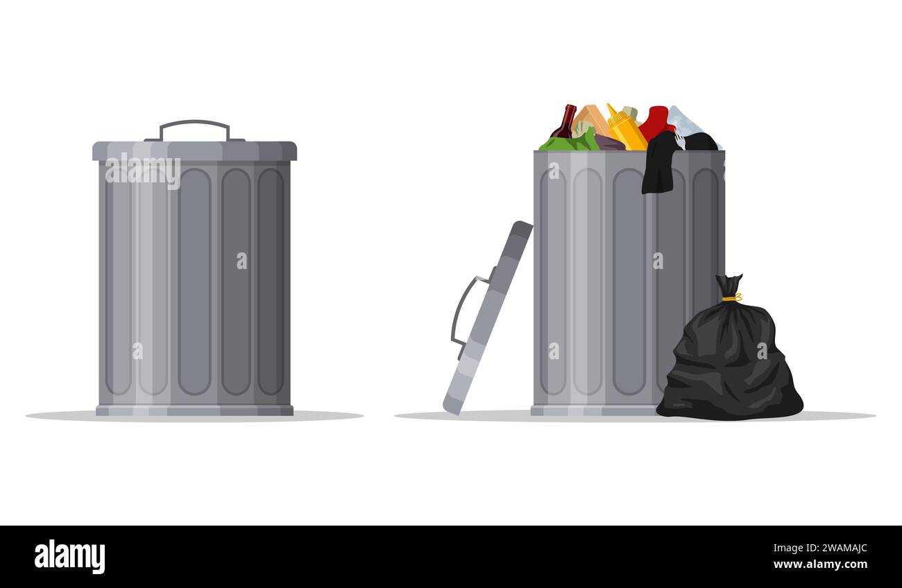 Poubelle en acier pleine de déchets et conteneur avec couvercle fermé. Poubelle avec déchets isolés sur fond blanc. Poubelle à roulettes et sac poubelle. Scène W Illustration de Vecteur